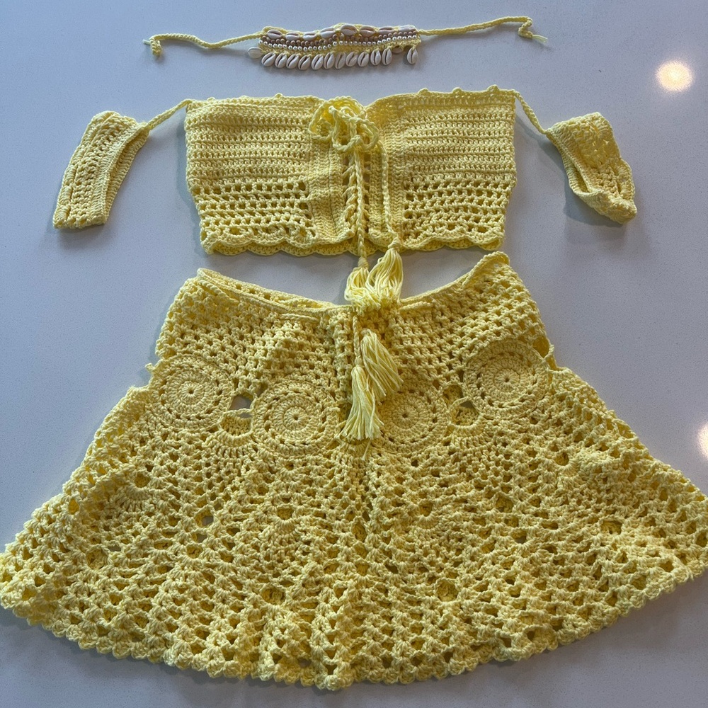 Yellow crochet knit beach swim choker mermaids swimwear revolve boho